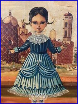 Agapito Labios Oil Portrait Painting Girl Town Cathedral Church Mexican Folk Art