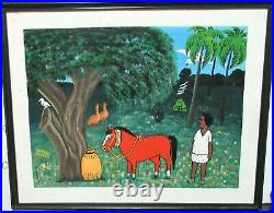 Alhajie Samba African Village Horse Folk Art Oil On Board Painting