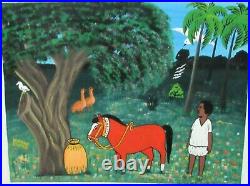 Alhajie Samba African Village Horse Folk Art Oil On Board Painting