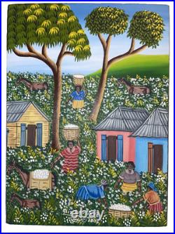 Alix Baptiste ORIGINAL Haitian Folk Art Painting Signed 2003 Village Cotton