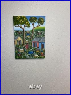 Alix Baptiste ORIGINAL Haitian Folk Art Painting Signed 2003 Village Cotton
