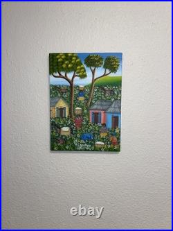 Alix Baptiste ORIGINAL Haitian Folk Art Painting Signed 2003 Village Cotton