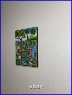 Alix Baptiste ORIGINAL Haitian Folk Art Painting Signed 2003 Village Cotton