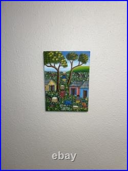 Alix Baptiste ORIGINAL Haitian Folk Art Painting Signed 2003 Village Cotton