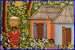 Alix Baptiste ORIGINAL Haitian Folk Art Painting Signed 2003 Village Cotton