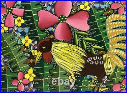 Alix Cheramy Original Haitian Painting Rooster Jungle Flowers Folk Art Vintage