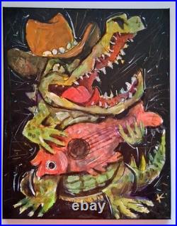 Alligator Outsider Painting Lrg Graffiti Folk Art OOAK Abstract Canvas Whimsical