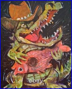 Alligator Outsider Painting Lrg Graffiti Folk Art OOAK Abstract Canvas Whimsical