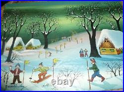 Alois Zabehlicky Original Folk Art Oil Painting Winter Ski 12x16 Snow Slope