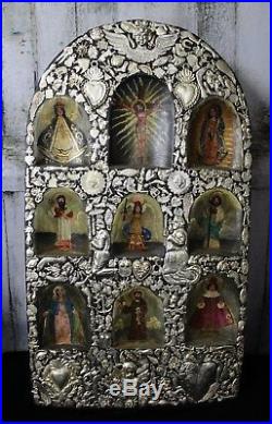 Altar Piece Paintings of Chirst & 8 Saints Covered in Milagros Mexican Folk Art