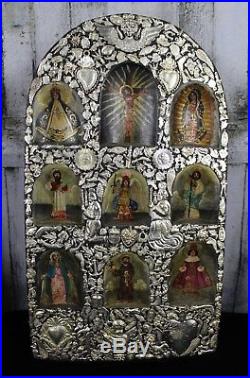 Altar Piece Paintings of Chirst & 8 Saints Covered in Milagros Mexican Folk Art