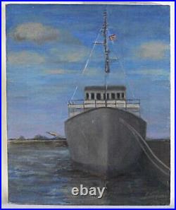 AmLouisiana Fishing Trawler Dock Vintage Folk Art Painting American Flag Ship LM