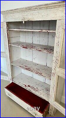 American Antique Folk Art Cabinet Cupboard With Glass White Alligator Paint