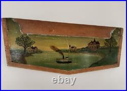 American Antique Oil on Board Folk Art Painting Steamship Harbor 19th Century