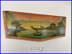 American Antique Oil on Board Folk Art Painting Steamship Harbor 19th Century