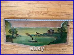 American Antique Oil on Board Folk Art Painting Steamship Harbor 19th Century