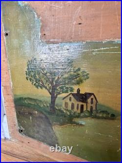 American Antique Oil on Board Folk Art Painting Steamship Harbor 19th Century
