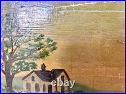 American Antique Oil on Board Folk Art Painting Steamship Harbor 19th Century