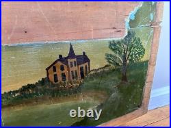 American Antique Oil on Board Folk Art Painting Steamship Harbor 19th Century