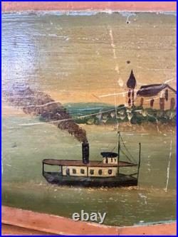 American Antique Oil on Board Folk Art Painting Steamship Harbor 19th Century