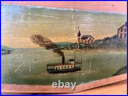 American Antique Oil on Board Folk Art Painting Steamship Harbor 19th Century