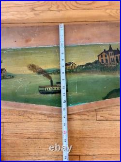 American Antique Oil on Board Folk Art Painting Steamship Harbor 19th Century