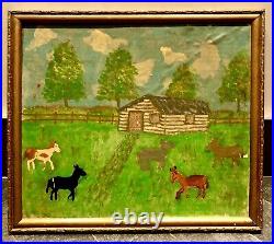 American Folk Art Oil Painting On Paper Depression Era Naive Primitive V Fine