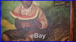 American Folk Art Painting Black Farm Boy Eating Watermelon SATISFACTION 19X24