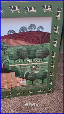 American Folk Painting Custom Art Frame Signed Huntington Canvas Country Cows American Folk Painting Custom Art Frame Signed Huntington Canvas Country Cows