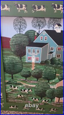 American Folk Painting Custom Art Frame Signed Huntington Canvas Country Cows American Folk Painting Custom Art Frame Signed Huntington Canvas Country Cows