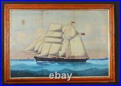American Folkart Ship Portrait, 1850's, original maple frame, Gouache, sign E. W