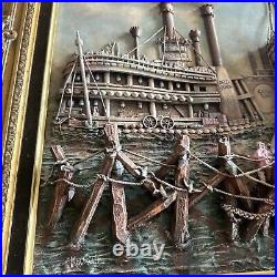 American Southern Folk Art 3D Steamboat River Boat Oil Painting Rochelle Vtg