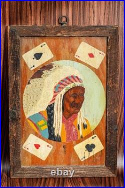 Americana Folk Art Native American Indian Chief Playing Cards Portrait Painting