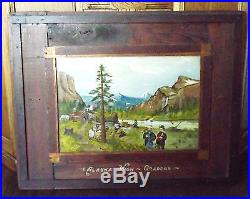 Americana Folk Art Signed Oil Painting, Vintage Original Frame, Cabin, Antique
