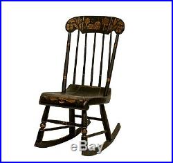 An Antique Folk Art Tole Scene Painted Ebonized Rocking Chair