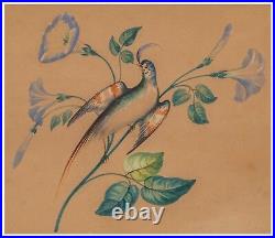 An Antique Folk Art Watercolor Painting Bird & Flowers