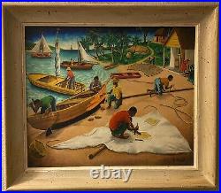 Andre Normil Original Haitian Seaside Oil Painting on Masonite 28x24 Framed
