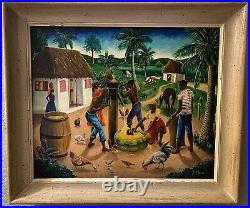 Andre Normil Original Haitian Village Oil Painting on Masonite 28x24 Framed