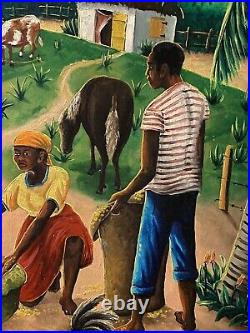 Andre Normil Original Haitian Village Oil Painting on Masonite 28x24 Framed