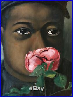 Anitque African American boy portrait original oil painting vintage folk art