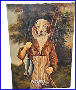 Anthropomorphic Vintage Big Oil On Canvas Dog Fishing Signed Hamilton 30x41 OOAK Anthropomorphic Vintage Big Oil On Canvas Dog Fishing Signed Hamilton 30x41 OOAK