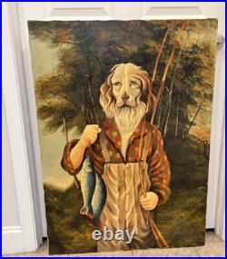 Anthropomorphic Vintage Big Oil On Canvas Dog Fishing Signed Hamilton 30x41 OOAK