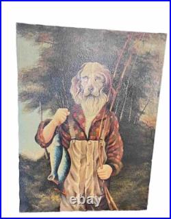 Anthropomorphic Vintage Big Oil On Canvas Dog Fishing Signed Hamilton 30x41 OOAK Anthropomorphic Vintage Big Oil On Canvas Dog Fishing Signed Hamilton 30x41 OOAK