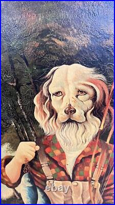 Anthropomorphic Vintage Big Oil On Canvas Dog Fishing Signed Hamilton 30x41 OOAK Anthropomorphic Vintage Big Oil On Canvas Dog Fishing Signed Hamilton 30x41 OOAK