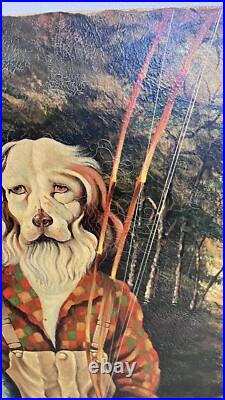 Anthropomorphic Vintage Big Oil On Canvas Dog Fishing Signed Hamilton 30x41 OOAK