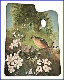 Antiqu 19th c. American Folk Art Painting Robin Feeding Chicks on Artist Pallete
