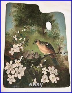 Antiqu 19th c. American Folk Art Painting Robin Feeding Chicks on Artist Pallete