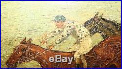 Antique 1700s original Jockey horse racing jumping Folk Art oil painting on wood