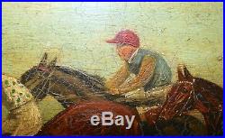 Antique 1700s original Jockey horse racing jumping Folk Art oil painting on wood