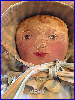 Antique 17 Cloth Folk Art Doll Flat Hand, Painted Face c1890